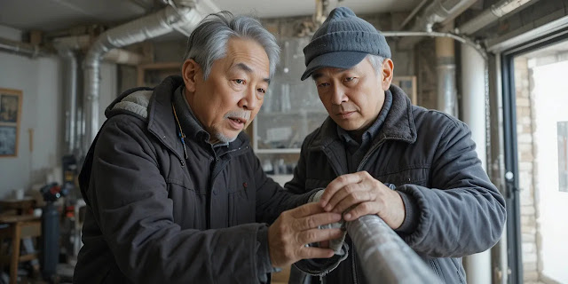 수도관 보온 작업을 하는 어르신의 모습 수도관 동파를 막기 위해 배관을 감싸는 노인의 모습
