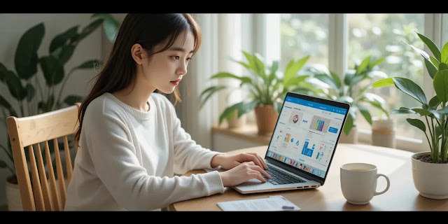 아침 시간에 통신사 조건을 비교하는 장면 알뜰폰 통신사 비교 검색 중인 여성의 모습