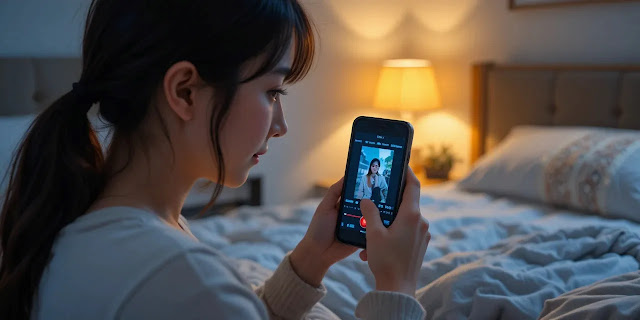 조명이 켜진 침대 옆에서 영상 편집 앱을 사용하는 모습