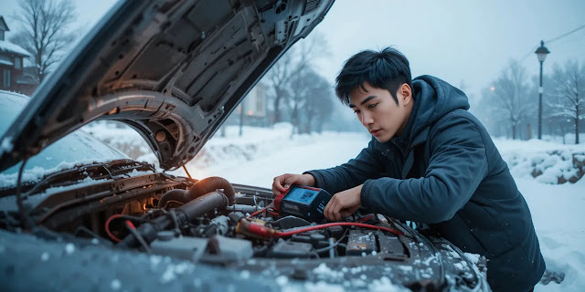 도로에서 점프스타터로 시동 거는 모습 점프스타터로 차량 배터리를 연결하는 모습
