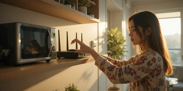 전자기기 간섭을 피하려 공유기 위치를 조정하는 모습