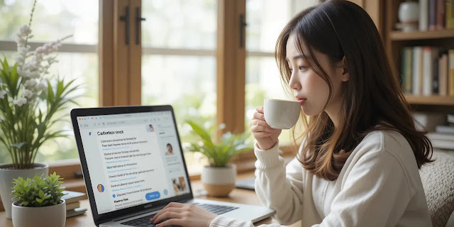 카카오톡 복원 관련 정보를 확인하는 모습 문서를 읽으며 정보를 찾는 여성의 모습
