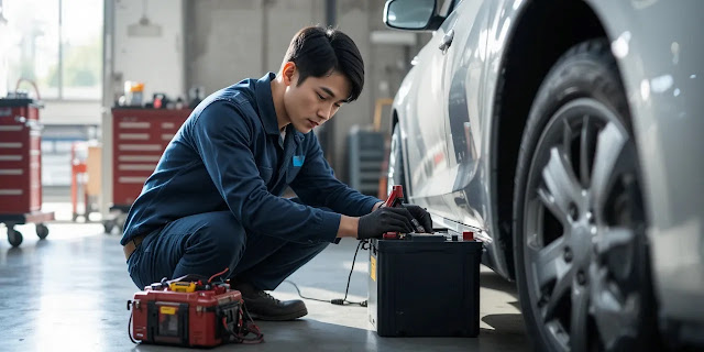 실내 정비소에서 차량 배터리를 점검 중인 모습 정비소에서 배터리 상태를 점검하는 모습