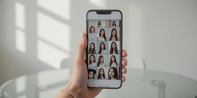 다양한 인물사진을 비교하는 스마트폰 화면 모습 갤러리 모드에서 인물사진들을 확인하는 모습
