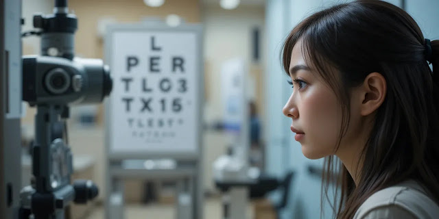 운전면허 적성검사 시력 측정 장면 시력 검사 받는 젊은 여성의 진지한 모습