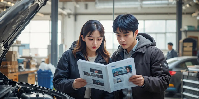 차량 문제로 매뉴얼을 확인하는 부부의 모습 차량 매뉴얼을 함께 살펴보는 부부의 모습