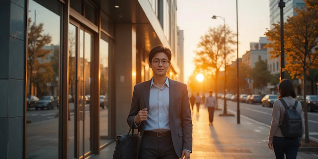 퇴근길에 여유롭게 걷는 직장인의 모습