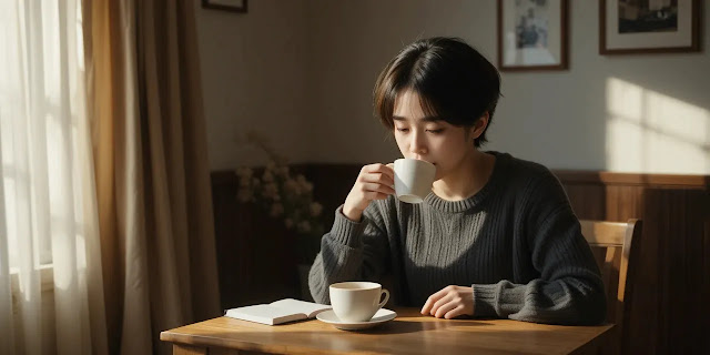 실내에서 휴식 중인 편안한 순간 따뜻한 차를 마시며 피로를 회복하려는 모습