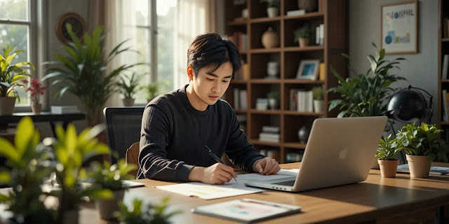 집 사무실에서 아젠다 작성하는 모습 집에서 아젠다를 작성하는 모습