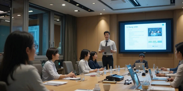 발표 자료를 확인하는 회의 장면 프레젠테이션 자료를 검토하는 모습