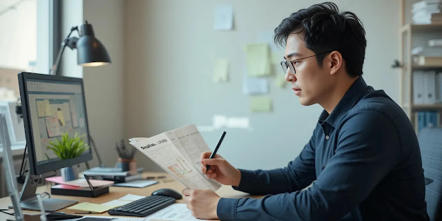 계획을 세심하게 점검하는 모습 플래너를 꼼꼼히 살펴보는 남성의 모습
