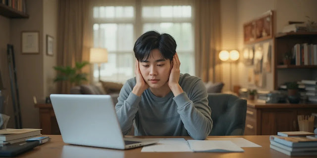 등기부등본 확인 후 안정된 모습 서류 확인 후 안심하는 남성의 모습