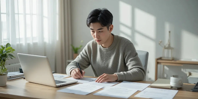 이사 후 행정 서류를 점검하는 모습 주소 변경 서류를 확인하는 장면