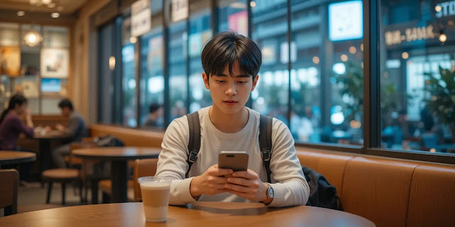 카페에서 앱으로 모바일 요금제를 비교하는 모습 카페에서 요금제 앱 비교하는 청년의 모습