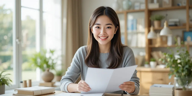 금융 관리 후 여유로운 모습 재무 정리를 마치고 만족하는 여성의 모습