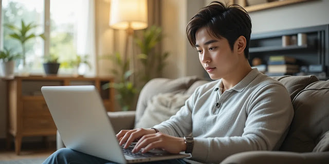 은행 정보를 검색하는 모습 금융 정보를 찾아보는 남성의 모습