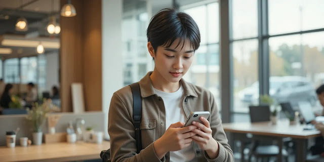 업무 메시지를 확인하는 모습 스마트폰으로 메시지를 읽으며 확인하는 모습