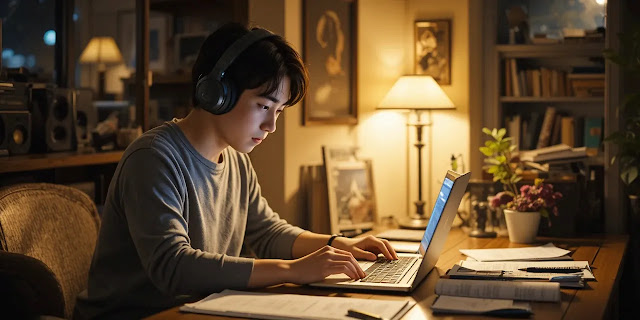 깊은 밤 음악으로 감정을 표현하는 모습 밤늦게 음악 작업에 몰두하는 모습