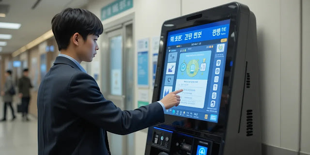 무인기에서 자격확인서 출력 중 무인발급기에서 건강보험 서류를 선택하는 장면