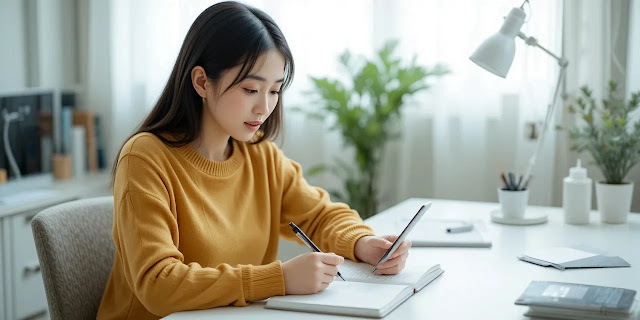 보험금 조회 결과를 메모하는 모습 스마트폰 내용을 노트에 기록하는 모습