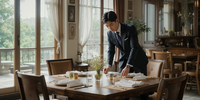 작은 배려로 분위기를 완성하는 모습 식탁을 정성스럽게 세팅하는 남성의 모습