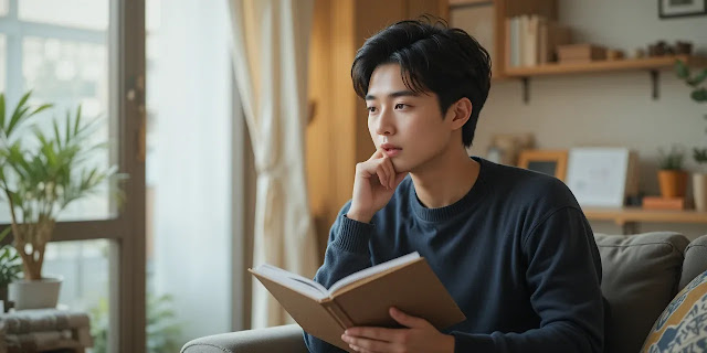 금융 결정을 앞두고 고민하는 모습 통장 선택을 고민하는 일상적인 모습