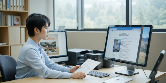 컴퓨터에서 발급받은 문서를 출력하는 모습 사무실에서 프린터로 증명서를 출력하는 모습