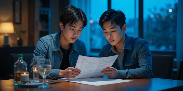 전세 계약 전 서류를 점검하고 있는 모습 전세 계약 전 서류를 함께 확인하는 모습