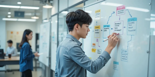단계별 흐름을 시각화하는 모습 화이트보드에 프로세스를 작성하는 모습