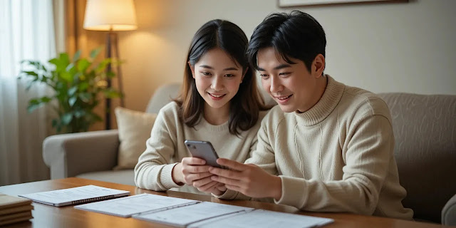 어르신에게 앱 사용을 알려주는 모습 스마트폰 사용법을 알려주는 가족의 따뜻한 모습