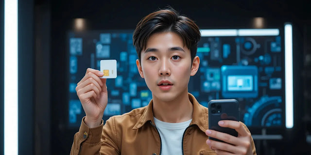 심카드를 들고 놀란 표정을 짓는 모습 심카드를 들고 놀라는 표정의 남성의 모습