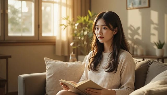 실내에서 노트를 보며 생각하는 모습 따뜻한 실내에서 노트를 바라보는 모습
