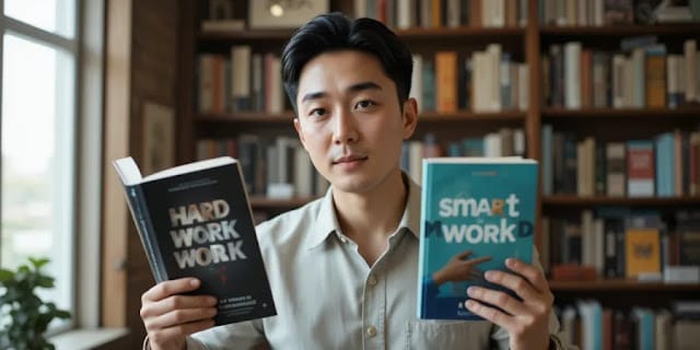 효율과 노력을 비교하는 모습 두권의 책을 비교하며 고민하는 남성의 모습