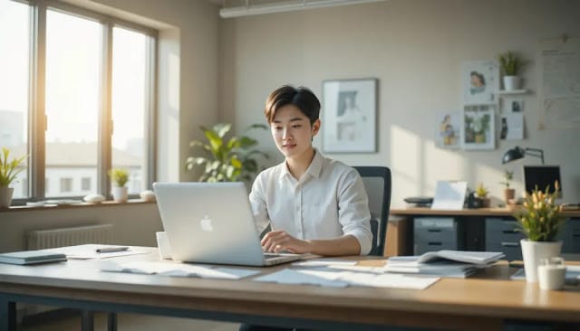 직장 책상에서 문서와 함께 집중하는 모습 사무실 책상에서 집중하며 업무를 보는 모습