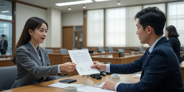서류를 공공기관에 제출하는 모습 건강보험 문서를 창구에 제출하는 장면