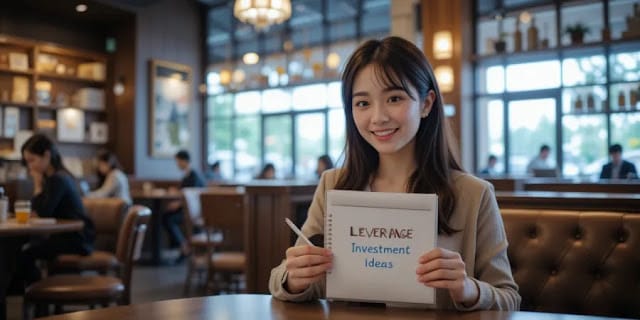 레버리지 투자 구상 중인 장면 카페에서 투자 아이디어를 정리하는 모습