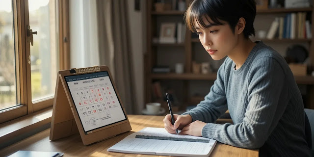 이사 시기를 조율하는 모습 달력을 보며 이사 날짜를 계획하는 모습