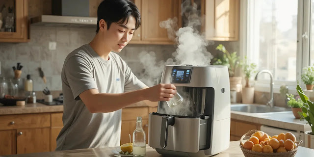 냄새를 제거하는 과정 모습 식초로 에어프라이어 냄새를 제거하는 모습