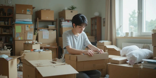 이삿짐을 차곡차곡 포장하는 모습 소형 가전과 작은 물건을 포장하는 모습