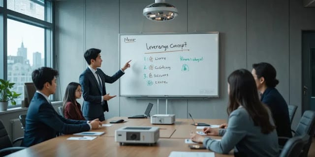 레버리지 개념 발표하는 장면 회의 중 화이트보드에 설명하는 모습