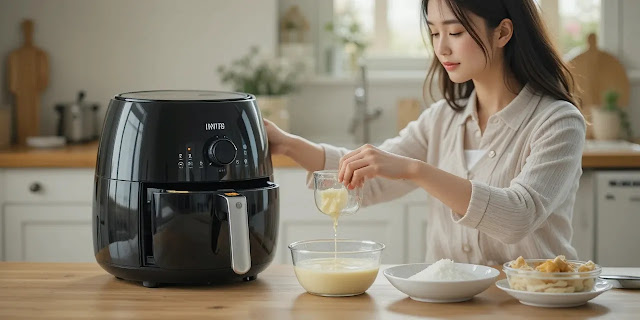 청소 재료를 준비하는 여성의 모습 에어프라이어 청소 준비물을 정리한 모습