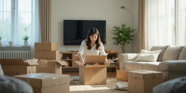 보관 종료 후 짐을 정리하는 모습 보관 후 새 집에서 상자를 열어 짐을 정리하는 여성의 모습