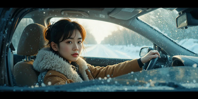 겨울철 안전 운전을 하는 모습 겨울 도로에서 안정적으로 주행하는 모습