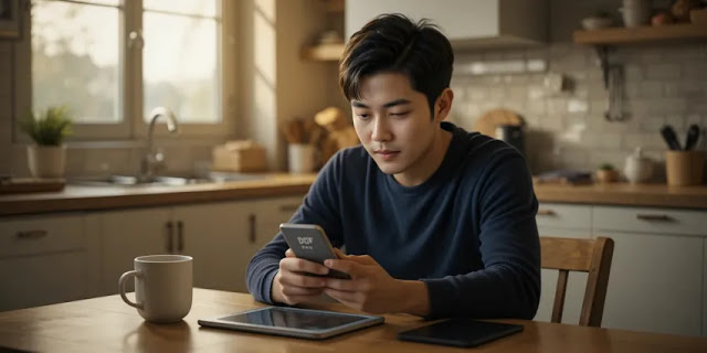 스마트폰으로 PDF 다운로드하는 모습 주방 테이블에서 건강보험 문서를 PDF로 저장하는 장면