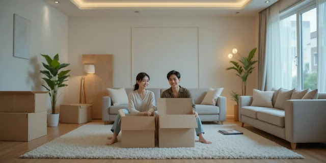 새집에서 첫 정리를 하는 모습 새집에서 정리를 시작하며 웃고 있는 모습