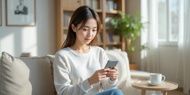 모바일 앱으로 건강보험 서류 찾는 모습 거실에서 스마트폰 앱으로 건강보험 서류를 확인하는 여성의 모습