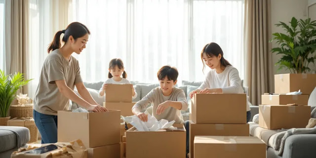 가족이 함께 이사 준비를 하는 모습 가족이 함께 짐을 싸며 이사 준비를 하는 모습