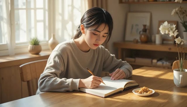 다이어리에 기록하며 생각에 잠긴 모습 아침 햇살 속에서 다이어리에 글을 쓰는 모습