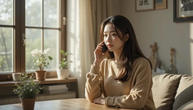 거실에서 전화 통화를 하는 모습 집에서 스마트폰으로 통화하는 모습