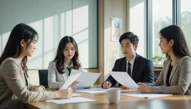 사무실에서 회의 중 서류를 보는 모습 회의실에서 직원들이 함께 서류를 검토하는 모습